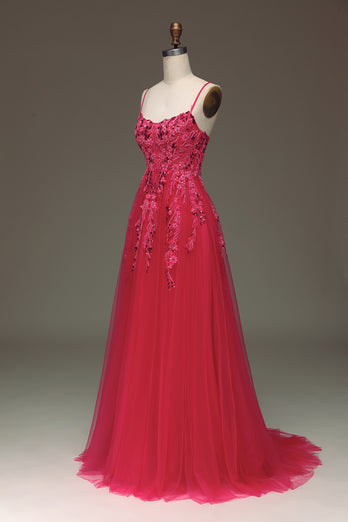 Red A Line Spaghetti Straps Long Prom Dress With Appliques