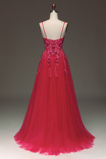Red A Line Spaghetti Straps Long Prom Dress With Appliques