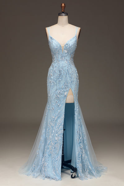 Light Blue Mermaid V Neck Long Prom Dress With Slit
