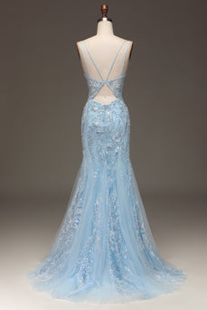 Light Blue Mermaid V Neck Long Prom Dress With Slit