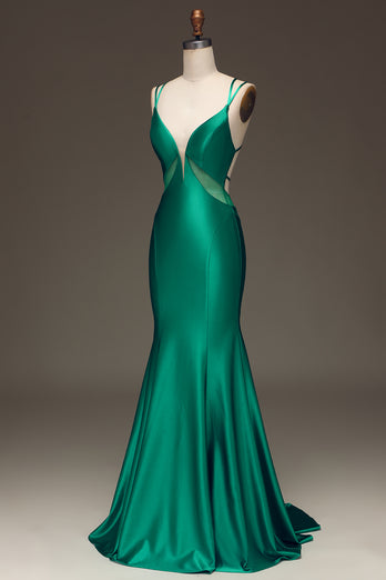 Green Mermaid Spaghetti Straps Long Prom Dress