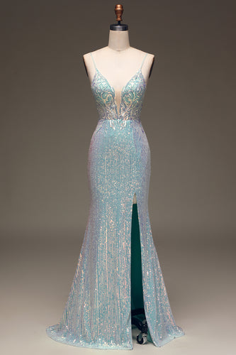 Mermaid Spaghetti Straps Grey Blue Prom Dress With Slit