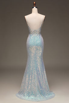 Mermaid Spaghetti Straps Grey Blue Prom Dress With Slit