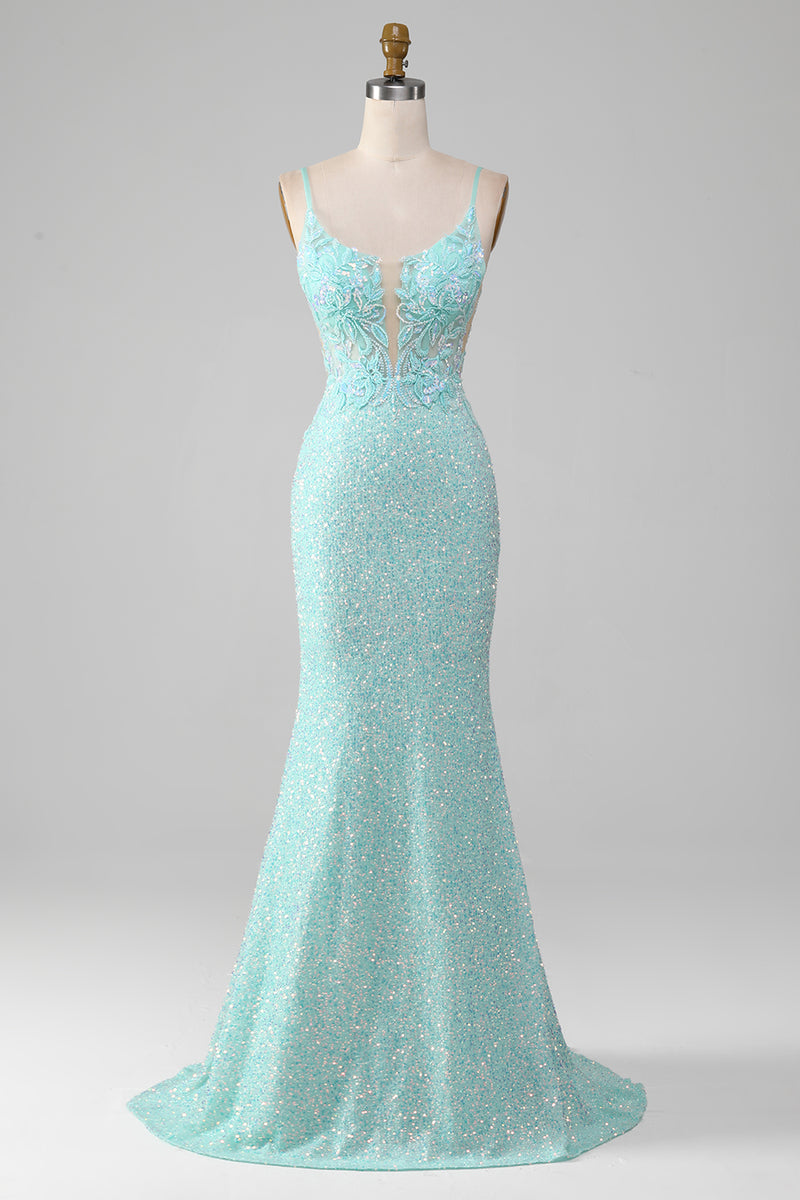 Load image into Gallery viewer, Sparkly Light Green Mermaid Long Prom Dress