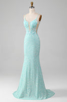 Load image into Gallery viewer, Sparkly Light Green Mermaid Long Prom Dress