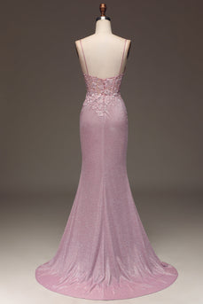 Sparkly Blush Mermaid Spaghetti Straps Long Prom Dress with Beading