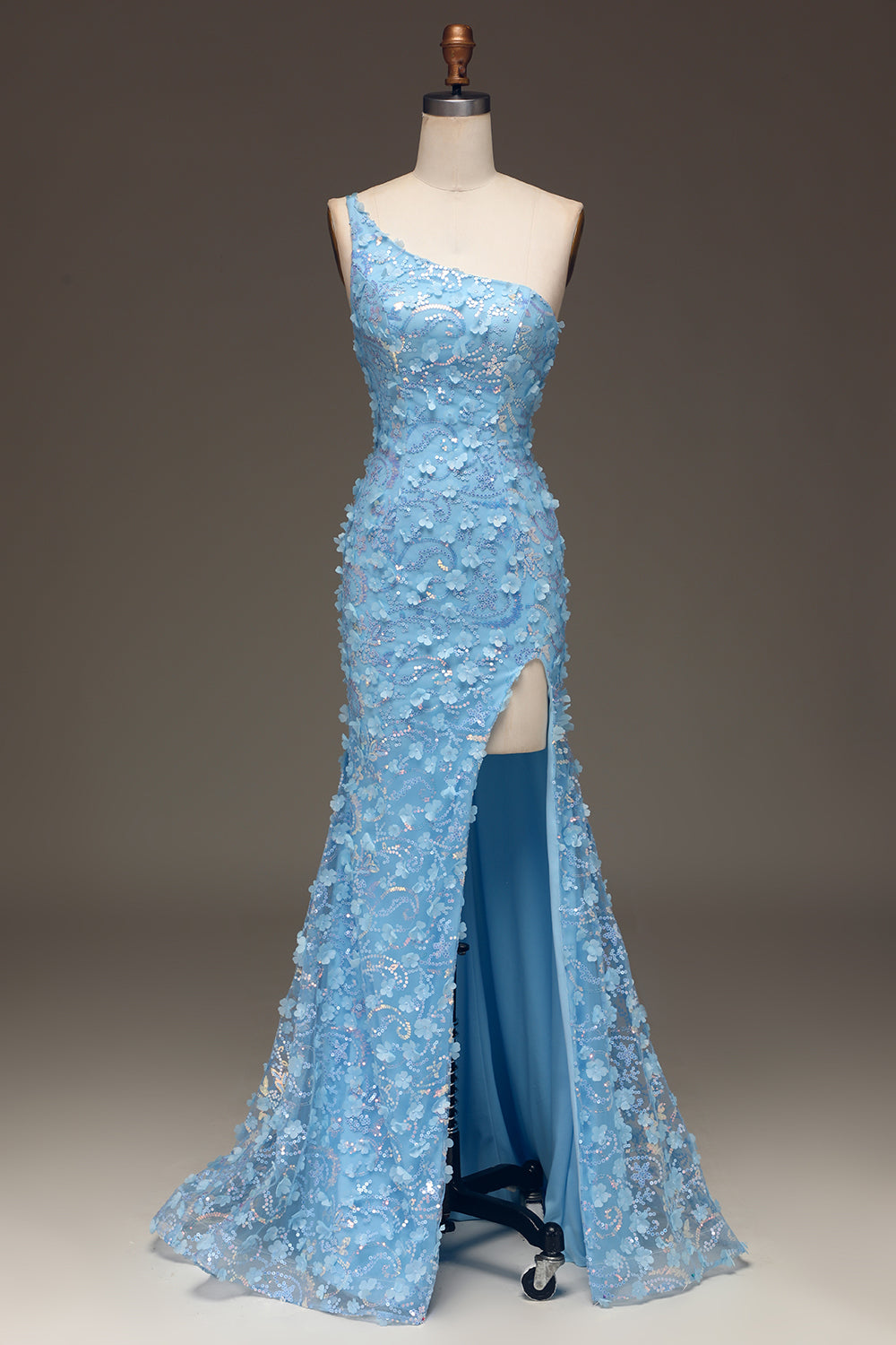 Sparkly Light Blue Mermaid Long Appliqued Prom Dress With Slit