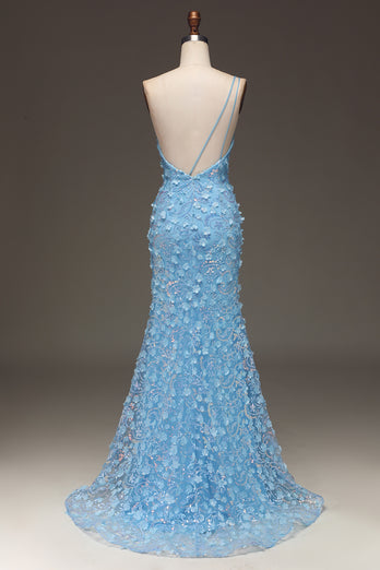 Sparkly Light Blue Mermaid Long Appliqued Prom Dress With Slit