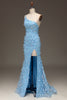 Load image into Gallery viewer, Sparkly Light Blue Mermaid Long Appliqued Prom Dress With Slit