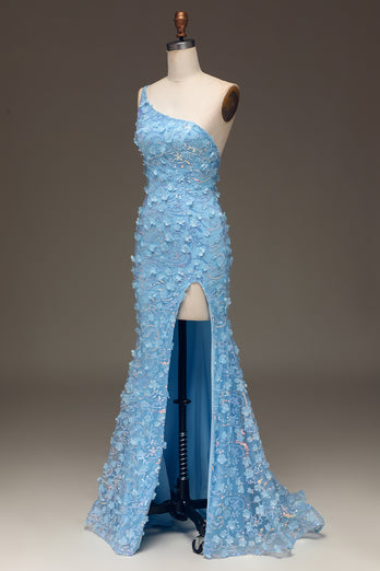 Sparkly Light Blue Mermaid Long Appliqued Prom Dress With Slit