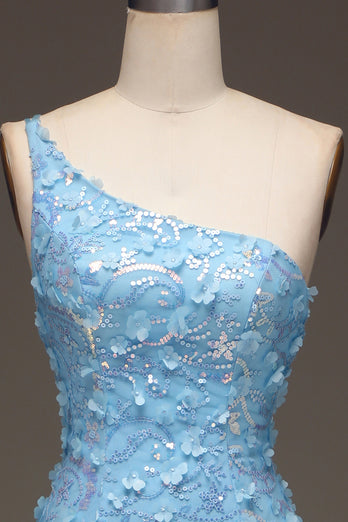 Sparkly Light Blue Mermaid Long Appliqued Prom Dress With Slit