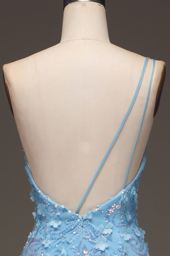 Sparkly Light Blue Mermaid Long Appliqued Prom Dress With Slit