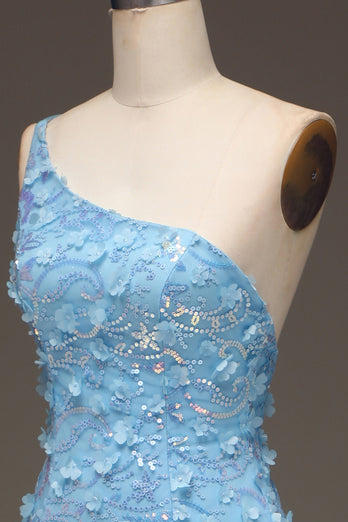 Sparkly Light Blue Mermaid Long Appliqued Prom Dress With Slit