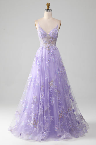 A Line Spaghetti Straps Purple Long Prom Dress With Appliques