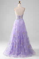 Load image into Gallery viewer, A Line Spaghetti Straps Purple Long Prom Dress With Appliques