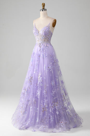 A Line Spaghetti Straps Purple Long Prom Dress With Appliques