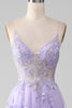 Load image into Gallery viewer, A Line Spaghetti Straps Purple Long Prom Dress With Appliques