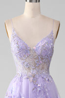 Load image into Gallery viewer, A Line Spaghetti Straps Purple Long Prom Dress With Appliques