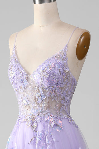 A Line Spaghetti Straps Purple Long Prom Dress With Appliques