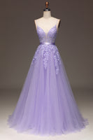 Load image into Gallery viewer, Princess Purple Long Appliqued Prom Dress With Sash