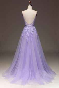 Princess Purple Long Appliqued Prom Dress With Sash