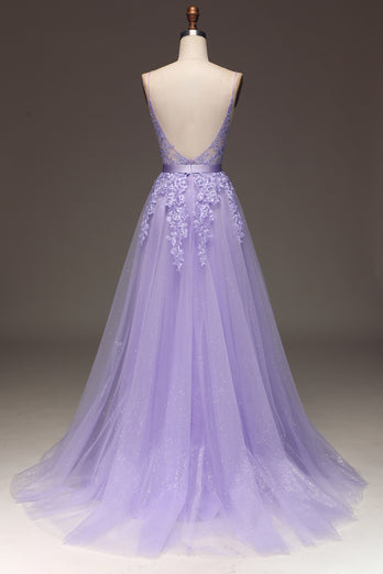 Princess Purple Long Appliqued Prom Dress With Sash