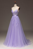Load image into Gallery viewer, Princess Purple Long Appliqued Prom Dress With Sash