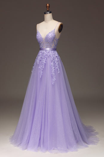 Princess Purple Long Appliqued Prom Dress With Sash