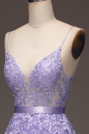 Princess Purple Long Appliqued Prom Dress With Sash