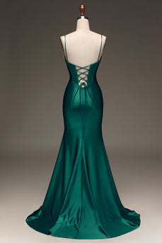 Dark Green Mermaid Corset Long Satin Prom Dress