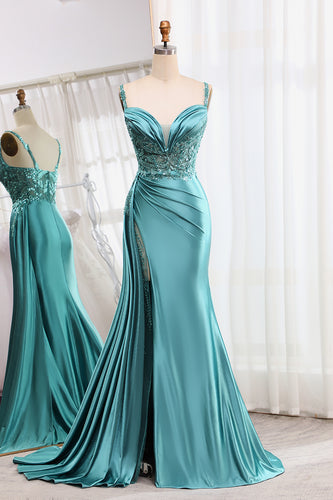 Blue Mermaid Spaghetti Straps Corset Prom Dress with Slit