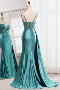 Blue Mermaid Spaghetti Straps Corset Prom Dress with Slit