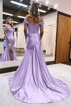 Mermaid Off The Shoulder Court Train Lilac Long Prom Dress With Split