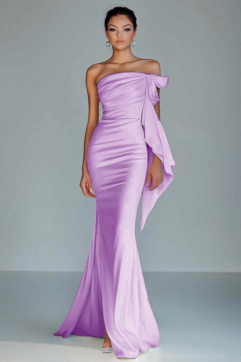 Load image into Gallery viewer, Black Strapless Sheath Satin Long Formal Dress with Slit