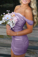 Load image into Gallery viewer, Black Satin Tight Off the Shoulder Mini Party Dress