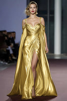 Load image into Gallery viewer, Light Golden A Line Cold Shoulder Metallic Long Gala Dress with Slit