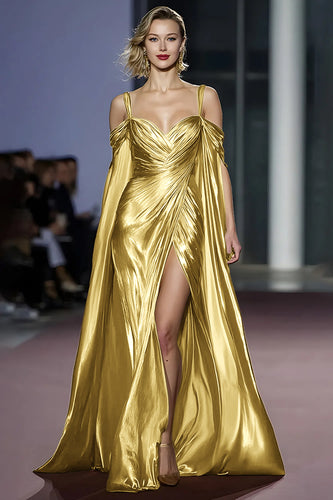 Light Golden A Line Cold Shoulder Metallic Long Gala Dress with Slit