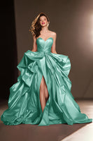 Load image into Gallery viewer, Dark Red A Line Satin Ruffled Sweetheart Ball Gown Long Pageant Dress with Slit