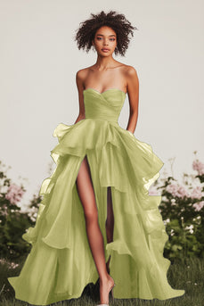 Green Ruched Tiered Strapless Long Formal Dress with Slit