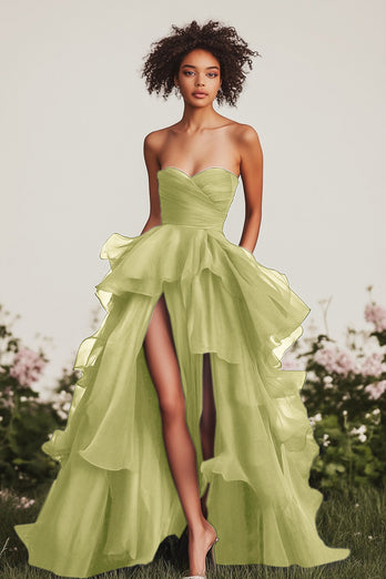 Green Ruched Tiered Strapless Long Formal Dress with Slit