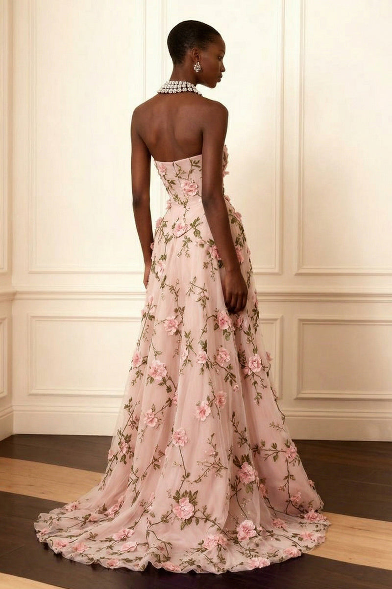 Load image into Gallery viewer, Floral Purple Strapless A Line Long Corset Prom Dress