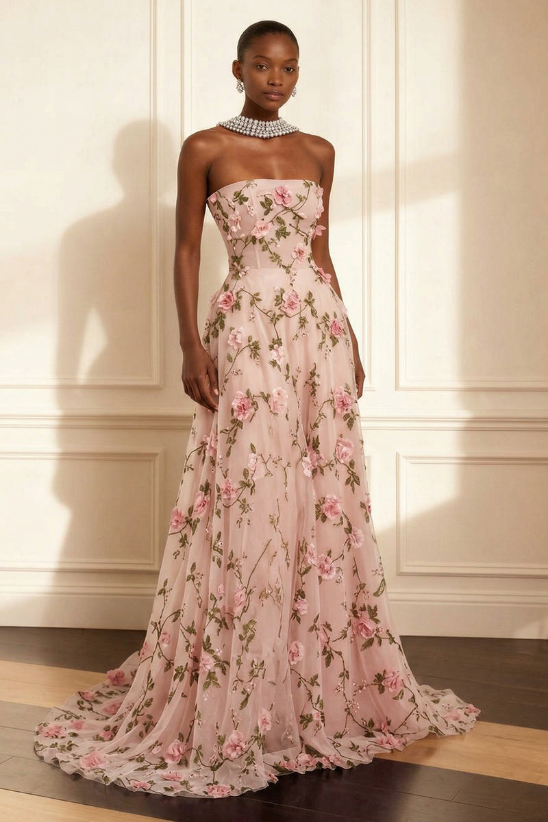 Load image into Gallery viewer, Floral Purple Strapless A Line Long Corset Prom Dress