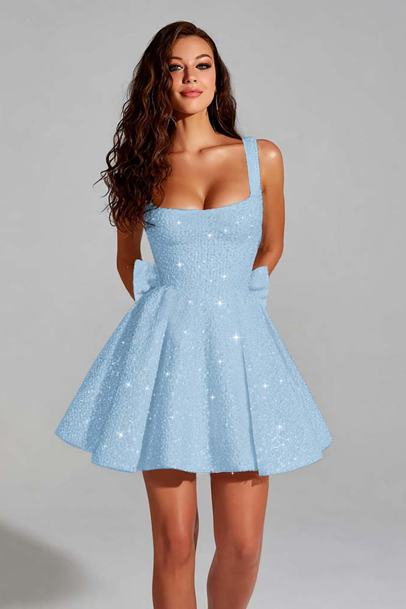 Load image into Gallery viewer, Sparkly Royal Blue A Line Square Neck Sequins Short Homecoming Dress with Bow