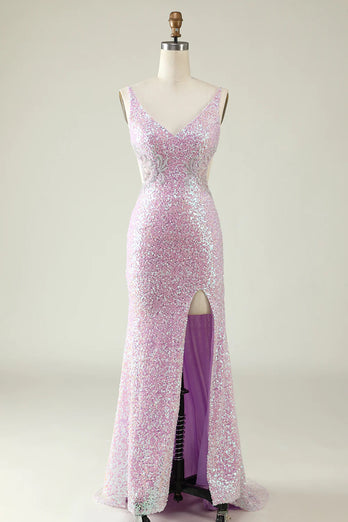 V-Neck Hollow-Out Backless Sequins Mermaid Prom Dress with Slit