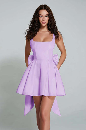 Ivory A Line Square Neck Short Homecoming Dress with Bow