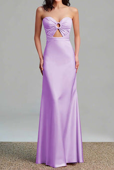 Fuchsia Sheath Satin Ruched Strapless Long Formal Dress with Keyhole
