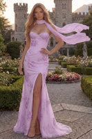 Load image into Gallery viewer, Yellow Floral Strapless Mermaid Long Corset Prom Dress with Slit