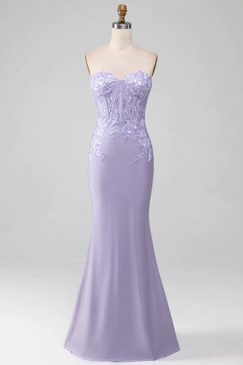 Lilac Mermaid Strapless Long Corset Prom Dress With Appliques