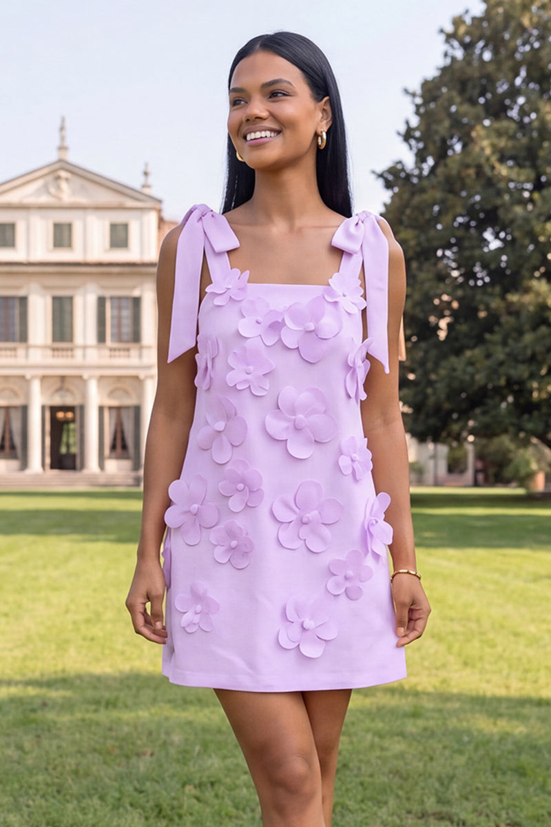 Load image into Gallery viewer, Lilac Thick Straps A Line Short Floral Homecoming Dress with Bows