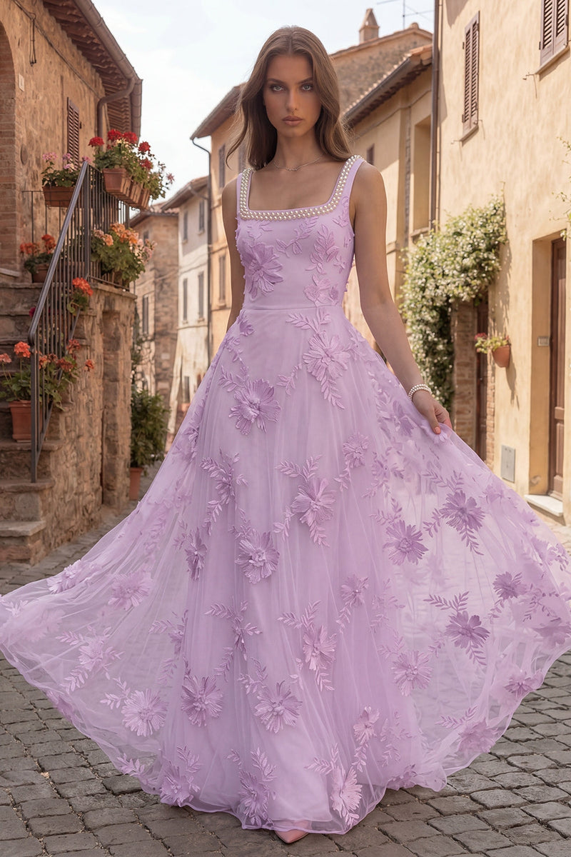 Load image into Gallery viewer, Floral Yellow Beaded Square Neck A Line Long Prom Dress